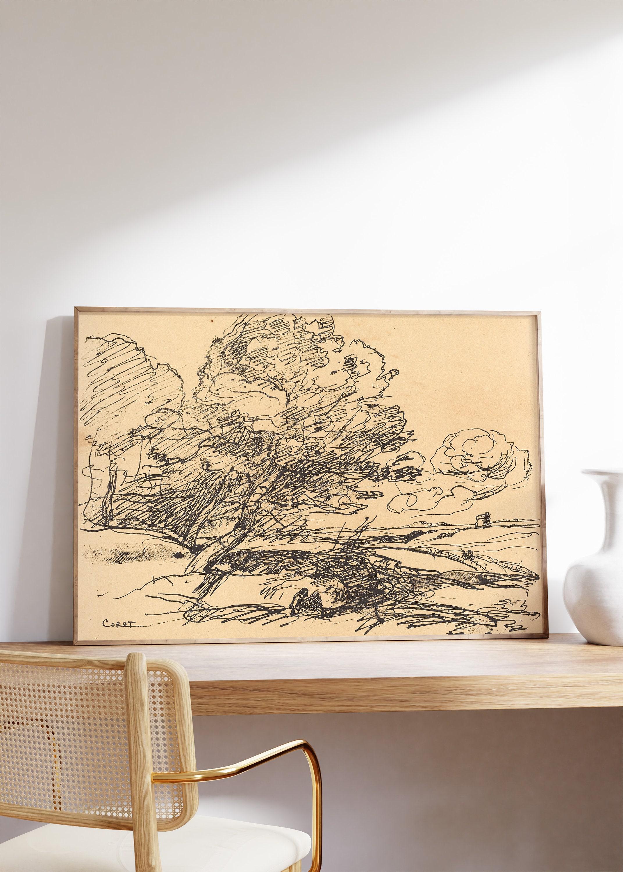 Jean Baptiste Camille Corot The Lonely Tower 1871 Vintage Sketch Abstract Line Art Awesome Poster (No Frame)