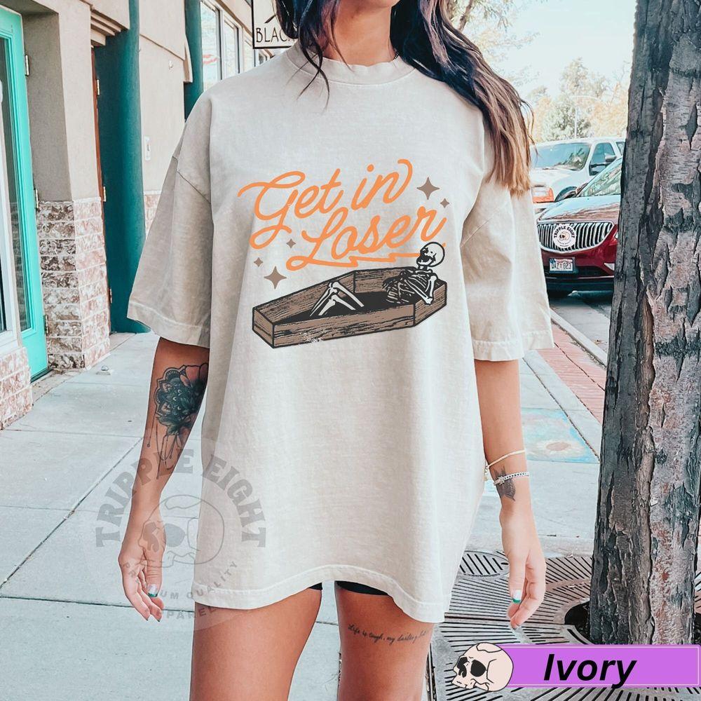 Get In Loser Funny Halloween Skeleton Coffin Retro Vintage Humorous Rock N Roll Shirt