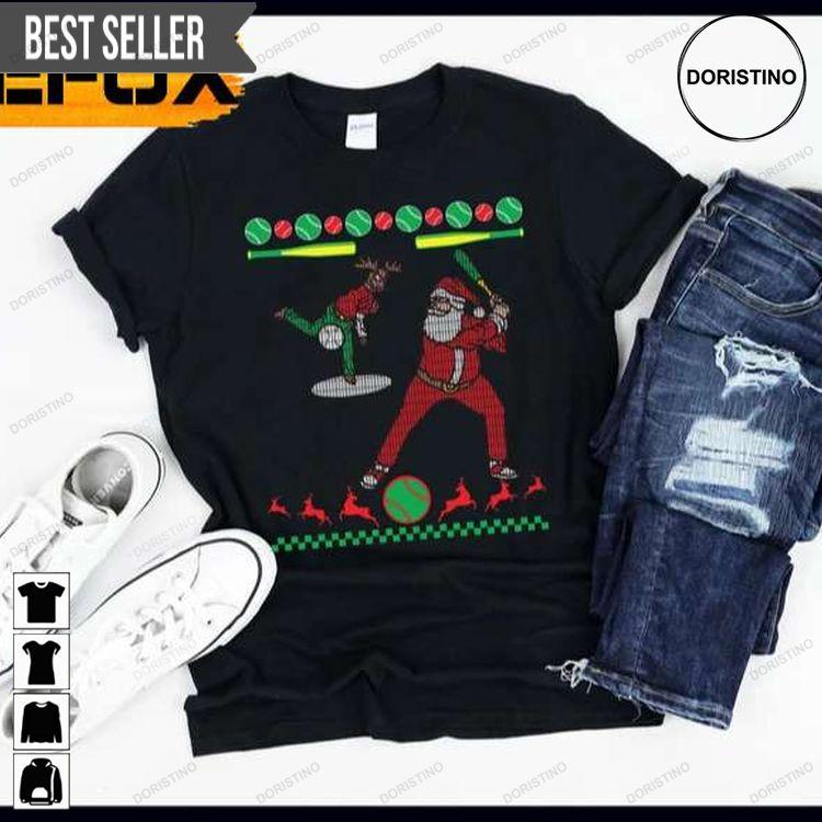 Santa Claus Baseball Player Hits Ball Throw By Rudolph The Reindeer Ugly Christmas Gift Tshirt Santa Claus Baseball Player Hits Ball Throw By Rudolph The Reindeer Ugly Christmas Gift Tshirt
