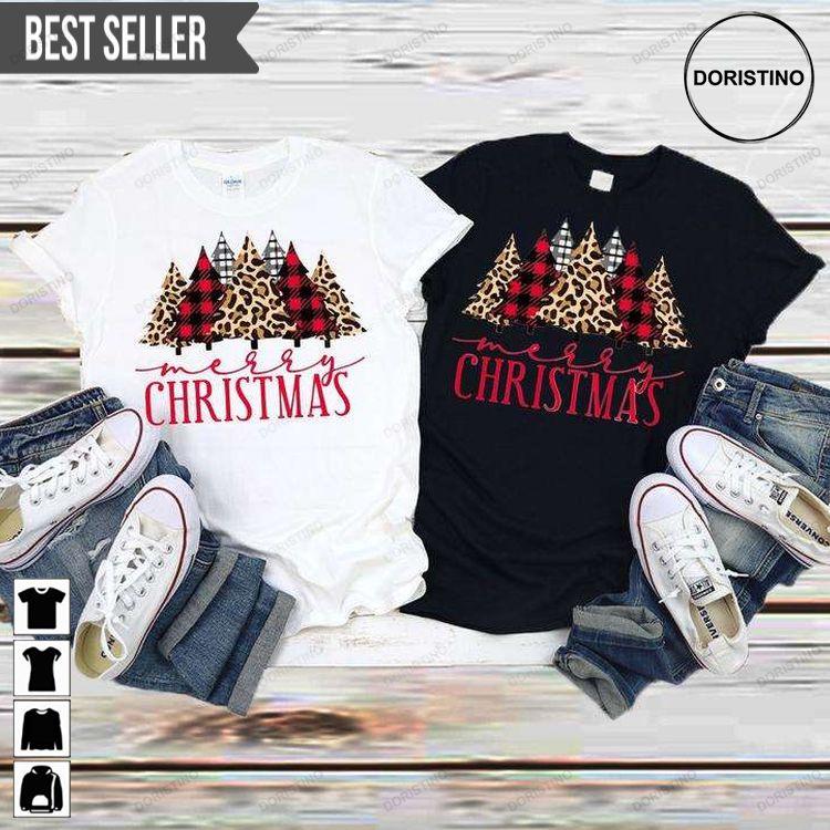 Merry Christmas Buffalo Plaid Leopard Print Christmas Trees Unisex Awesome Shirt