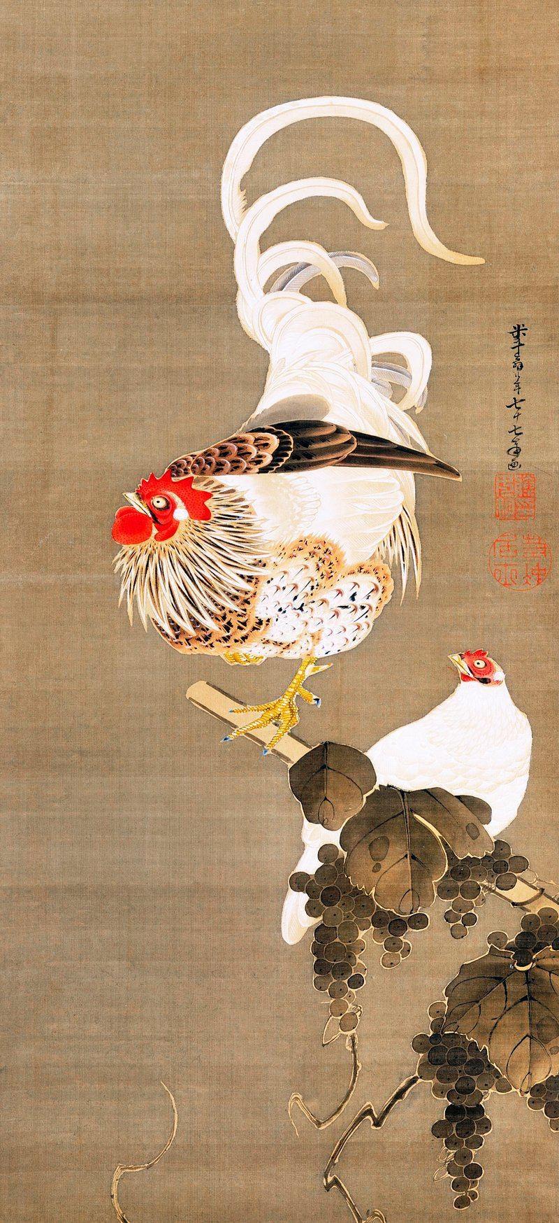Roosters And Grapevines Japanese Art Awesome Poster (No Frame)