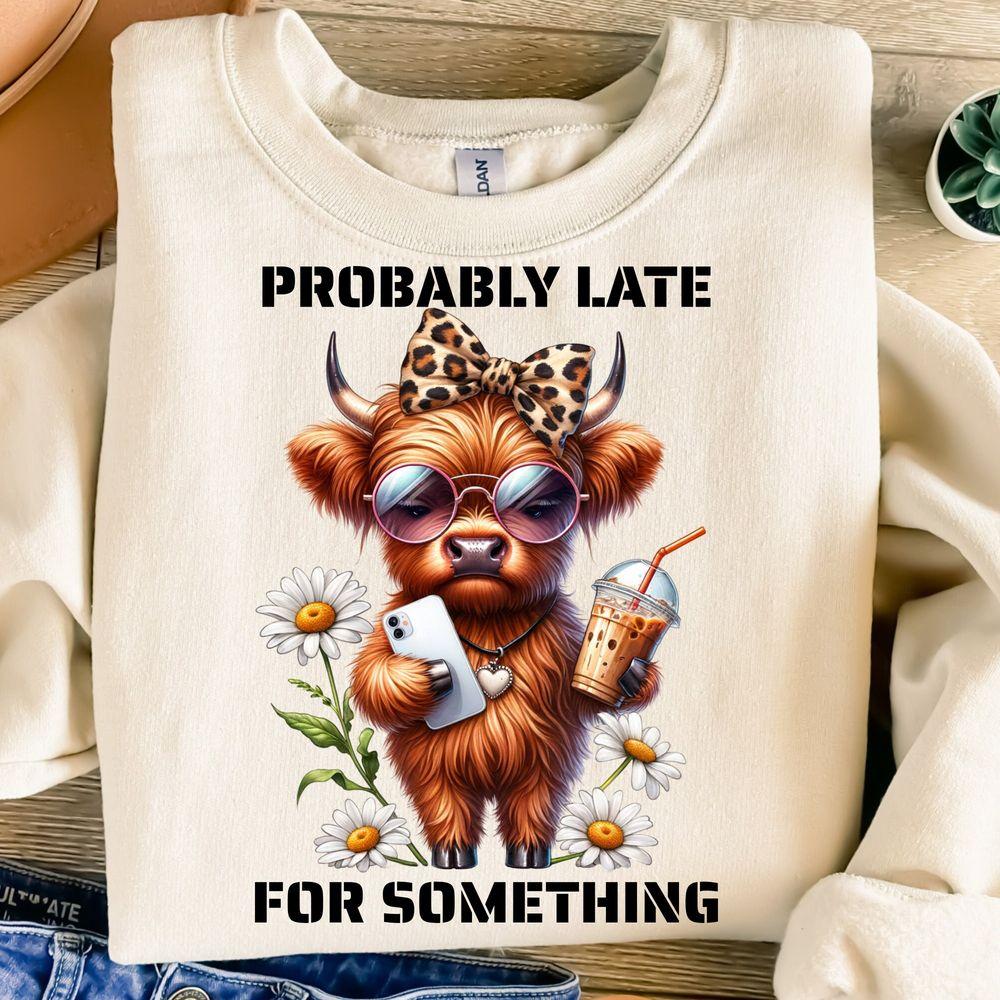 Probably Late For Somethingtion Design Funny Highland Cow Western Trendy Tshirt