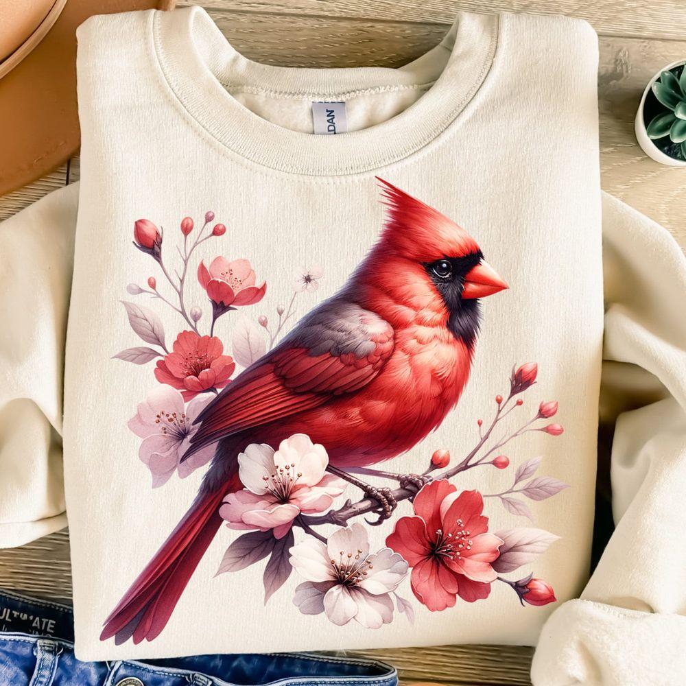 Red Cardinaltion Design Bird Flowers Tshirt