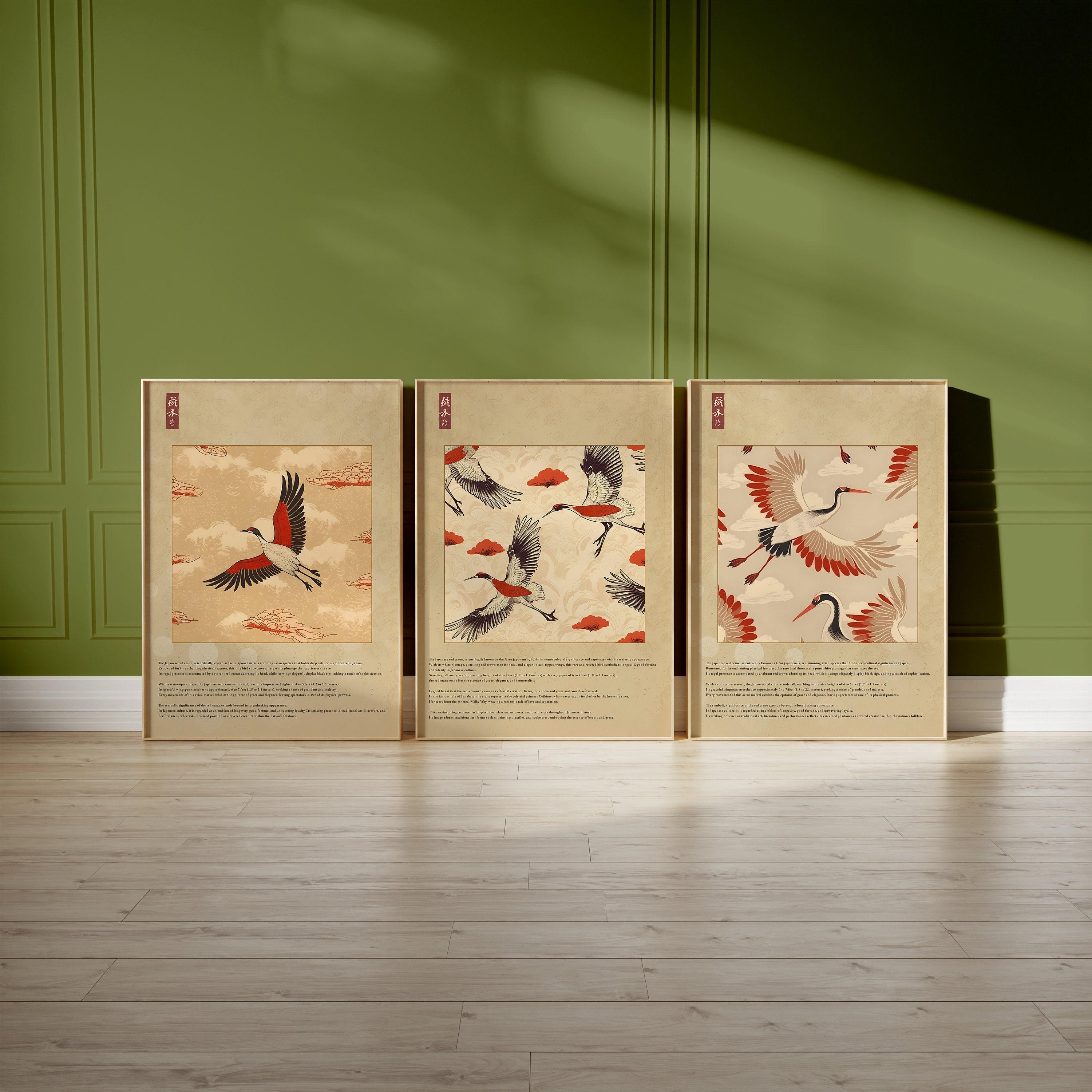 Japanese Set Of 3 Red Crane Trending Style Poster (No Frame) Japanese Set Of 3 Red Crane Trending Style Poster (No Frame)