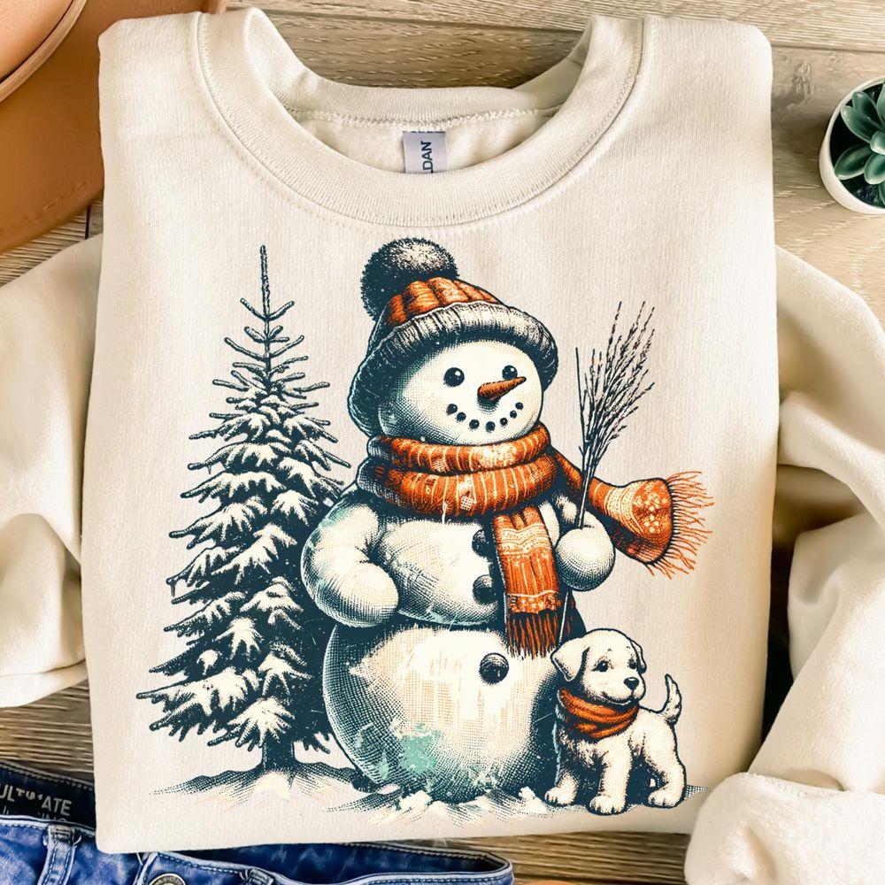 Snowman With Dogtion Design Christmas Winter Retro Tshirt Snowman With Dogtion Design Christmas Winter Retro Tshirt