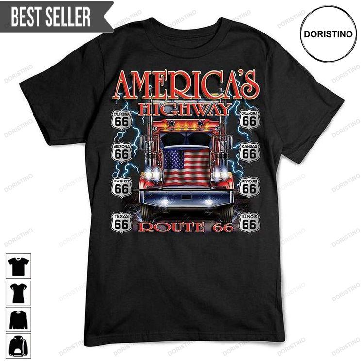 Route 66 Unisex Americas Highway Flag Truck Tshirt Route 66 Unisex Americas Highway Flag Truck Tshirt