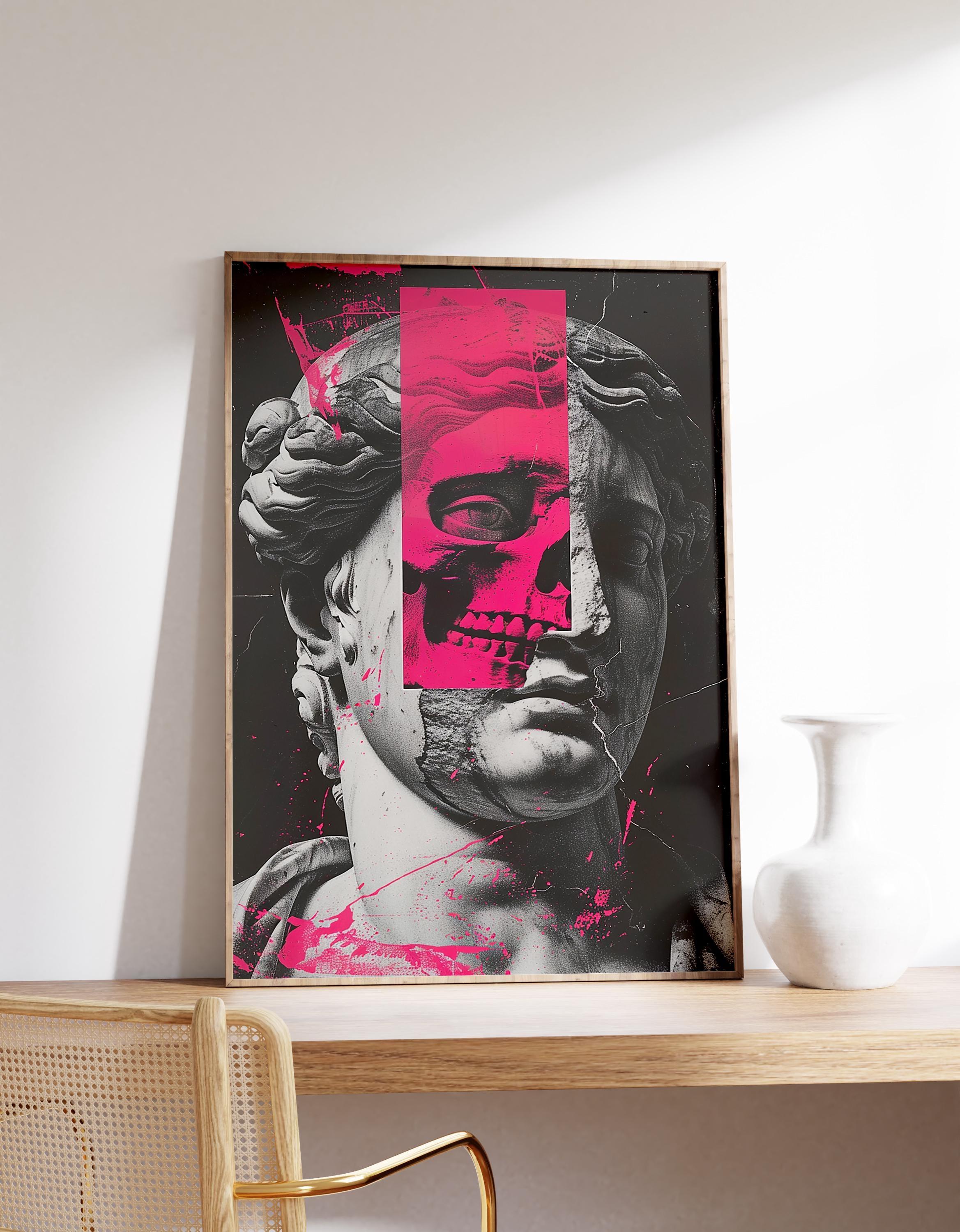 Black And White Statue With Pink Skull Risograph Art Ancient Greek Collage Bold Modern Art Trending Style Poster (No Frame) Black And White Statue With Pink Skull Risograph Art Ancient Greek Collage Bold Modern Art Trending Style Poster (No Frame)
