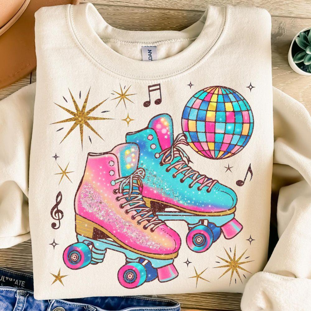 Roller Skatestion Design Glitter Disco Ball Retro 80s Trendy Tshirt