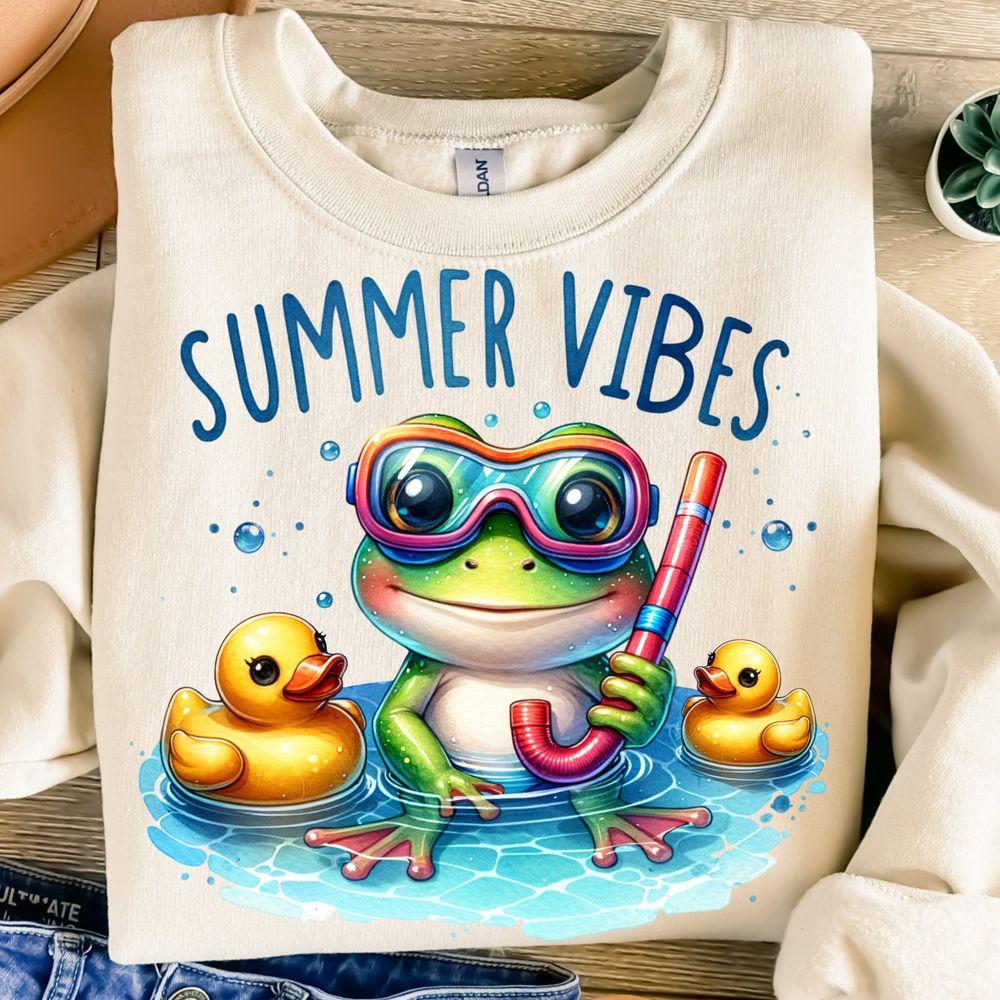 Summer Vibestion Design Cute Frog Kids Summer Beach Swimming Tshirt