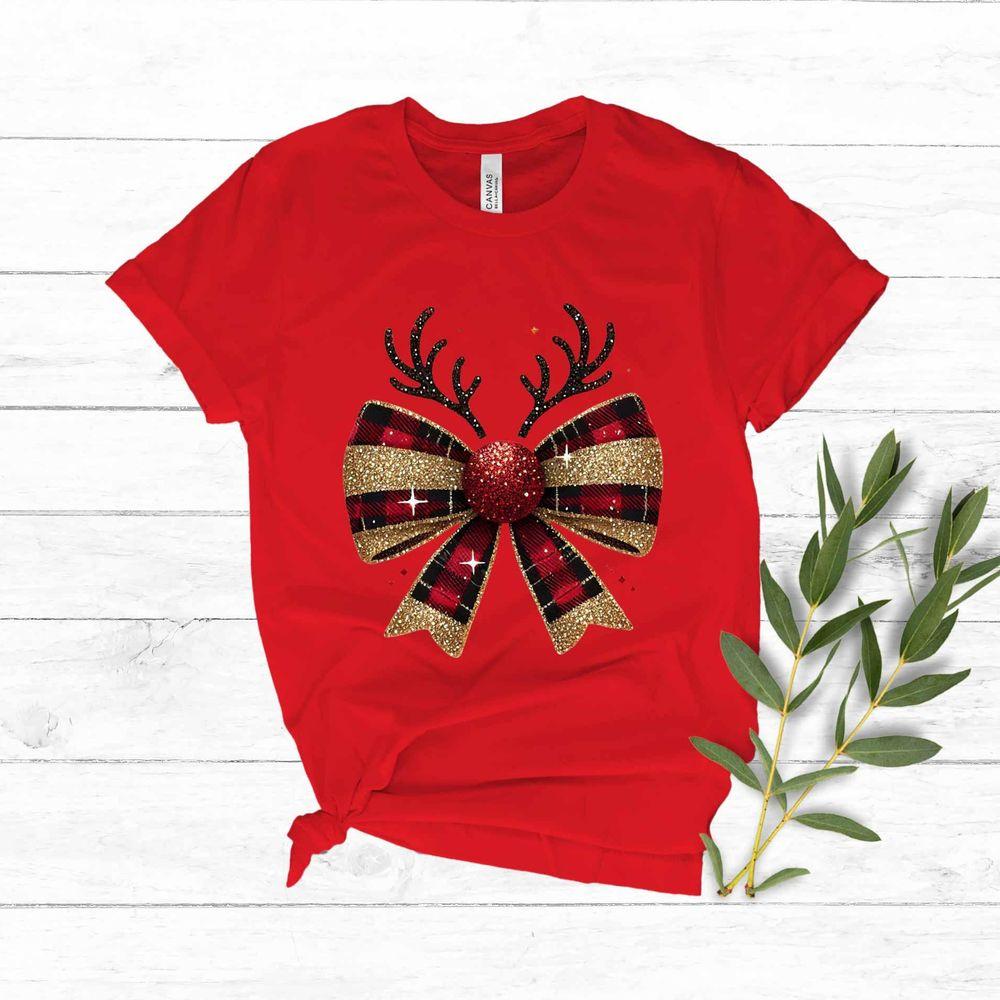 Christmas Reindeer Coquette Bow Tshirt
