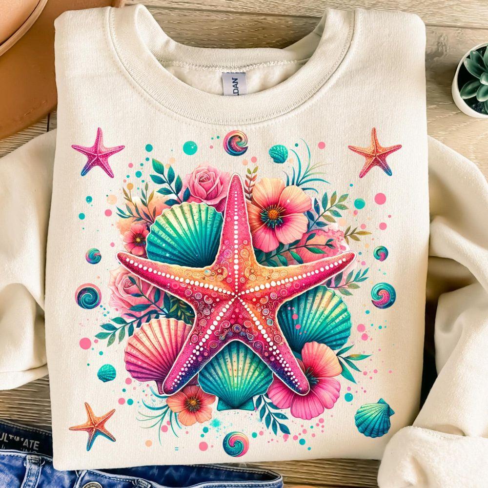 Starfishtion Design Summer Seashells Tropical Flowers Ocean Tshirt