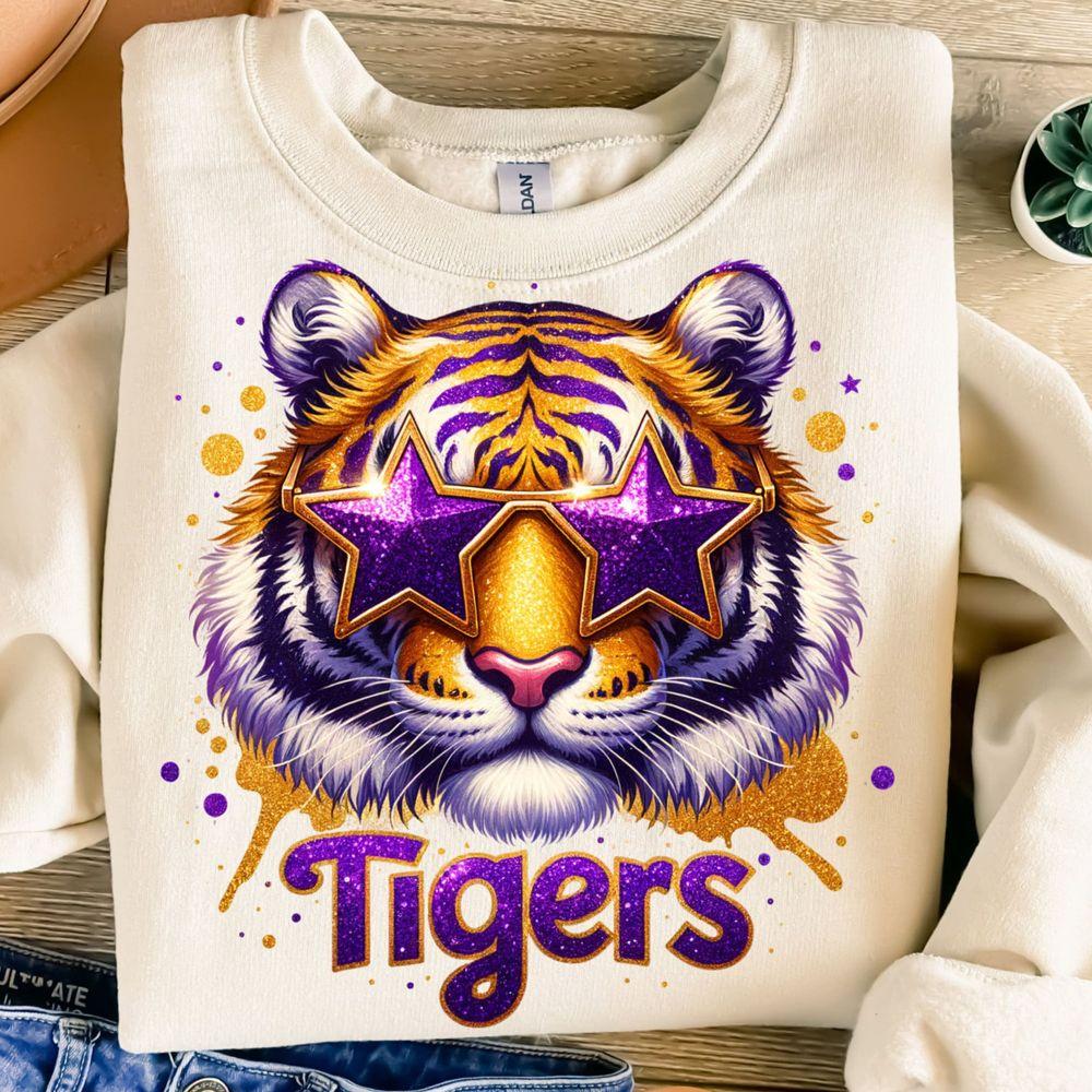 Tigerstion Design Mascot Glitter Purple Stars Game Day Sport Shirt
